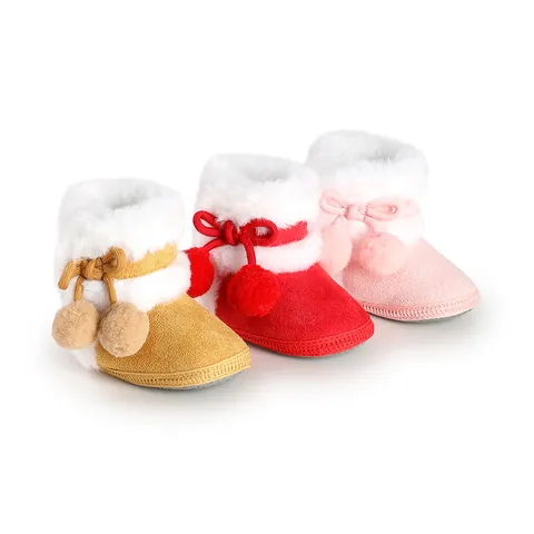 Baby Girls Winter Warm Cotton Shoes With Pom Poms And Bow Faux Fur Trim Soft Sole Non-Slip First Walkers Toddler Crib Boots