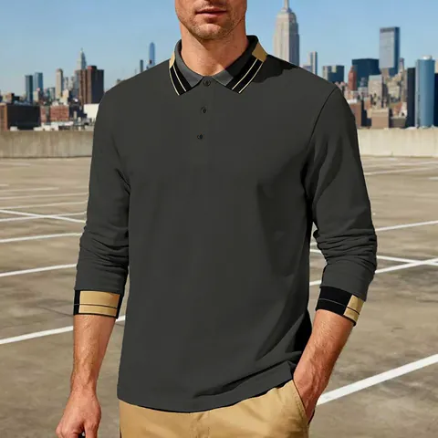Heren Lange Mouw Poloshirt Jacquard Kleurblok Contrastbies Losse Pasvorm Polyester Gebreid Golf Casual Top
