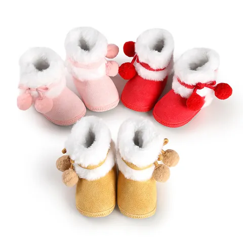 Baby Girls Winter Plush Boots Faux Fur Trim Bow Pom-pom Warm Soft Sole Non-slip Newborn Pre-walker Shoes Baby Boots