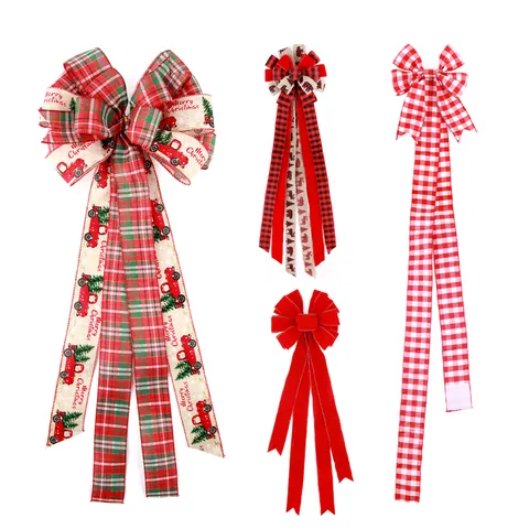 Large Christmas Tree Topper Bow Wired Edge Faux Linen Plaid Bowknot Vintage Truck Buffalo Check Decoration Holiday Party Home Decor