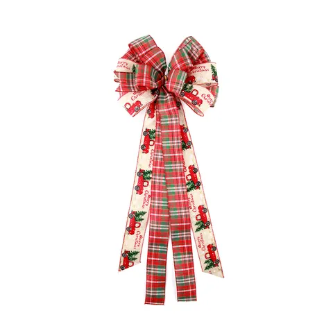Large Christmas Tree Topper Bow Wired Edge Faux Linen Plaid Bowknot Vintage Truck Buffalo Check Decoration Holiday Party Home Decor