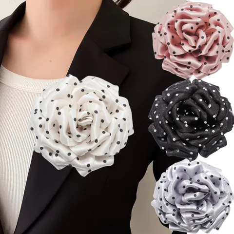 French Vintage Polka Dot Peony Flower Brooch For Women Fabric Floral Hair Clip Hat Decor Elegant Fashion Corsage Accessory