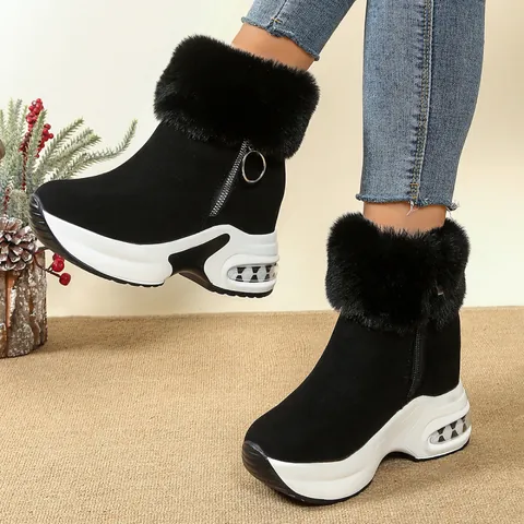 Stivali da Neve Invernali da Donna Collo in Pelliccia Artificiale Zeppa Platform Scamosciati a Metà Polpaccio Con Cerniera Laterale Scarpe Calde di Moda