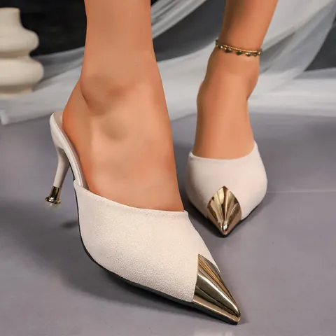 Women Sexy Pointed Toe Stiletto High Heels Mules Elegant Closed Toe Suede Slippers Fashion Metal Toe Cap Slip-on Dress Shoes