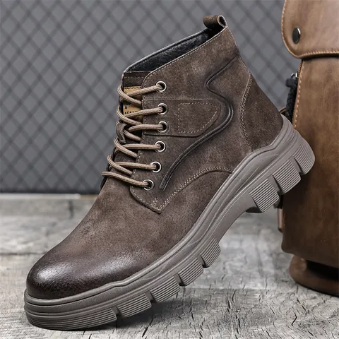Bottes Martin Style Britannique pour Hommes Décontractées Antidérapantes en Cuir de Porc Refendu pour l'Automne et l'Hiver