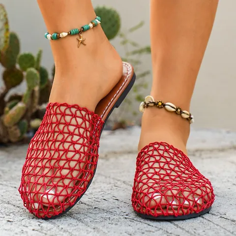 Pantofole da Donna alla Moda in Mesh Intagliato Traspiranti Piatte Slip-On Ciabatte da Spiaggia Estate Tempo Libero Mules Scarpe Casual in Mesh