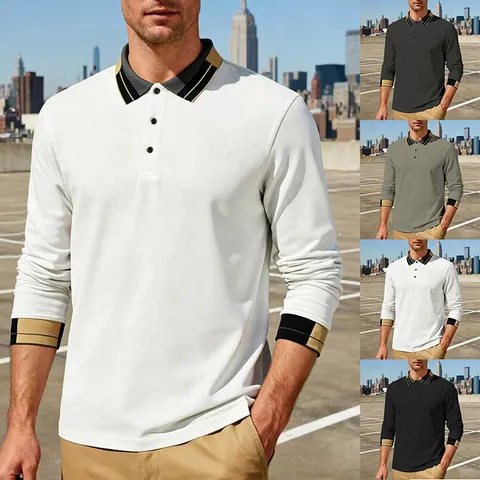 Heren Lange Mouw Poloshirt Jacquard Kleurblok Contrastbies Losse Pasvorm Polyester Gebreid Golf Casual Top
