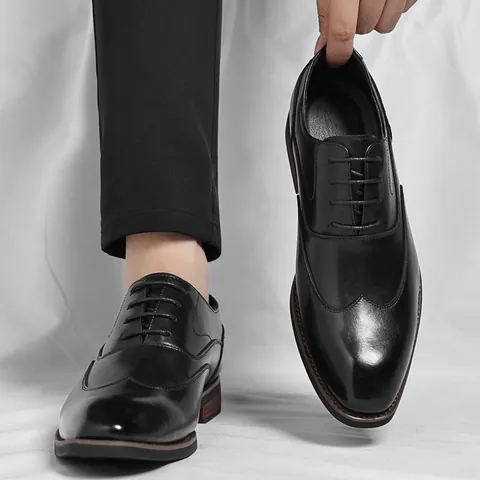 Men Business Derby Shoes Wingtip Brogue Leather Formal Wedding Dress Shoes Breathable Comfortable Lace Up Flat Shoes