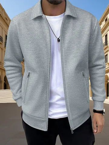 Ανδρική Ζακέτα Slim Fit με Ύφανση Βάφλας Φερμουάρ και Γιακά Solapa Casual Εξωτερικό Ένδυμα Παλτό για Άνοιξη Φθινόπωρο