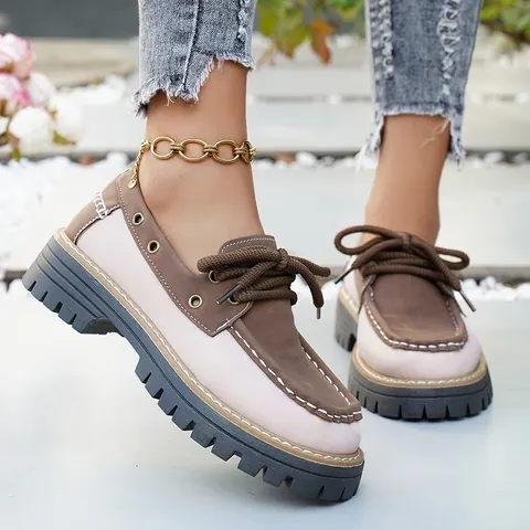 Women Platform Loafers British Style Lace-up Color Block Shoes PU Leather Chunky Sole Casual Walking Shoes Daily Office