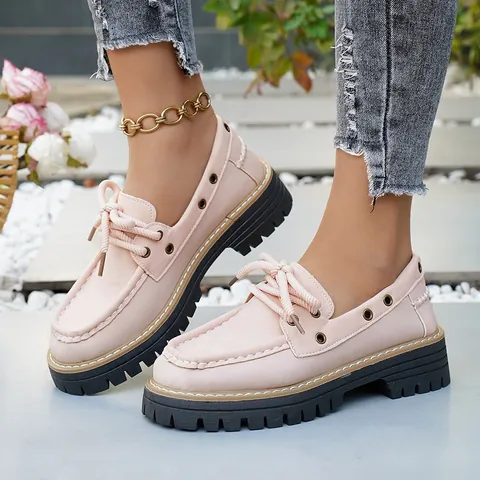 Women's Retro Platform Loafers Autumn Winter Color Block Lace Up Chunky Heel Shoes Round Toe PU Leather British Style Footwear