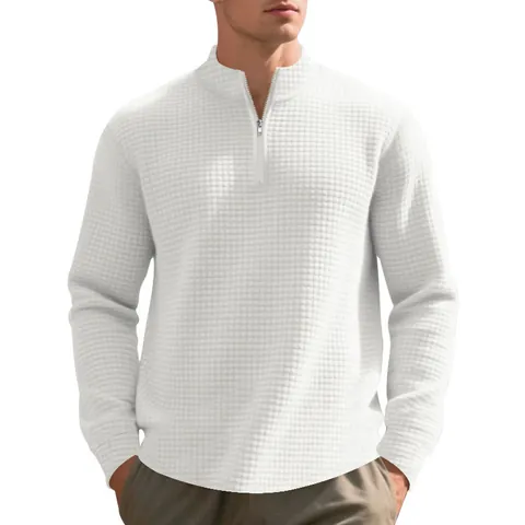 Sudadera De Punto Gofre Para Hombre Cremallera De Un Cuarto Cuello Alto Casual Manga Larga Jersey Ligero Moda Color Sólido