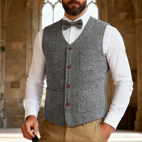 Men Retro Heavyweight Woolen Vest Slim Fit Business Gentleman Single Breasted Multi-Pocket Sleeveless Jacket Casual Top
