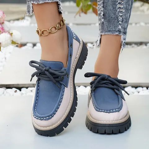 Women Platform Loafers British Style Lace-up Color Block Shoes PU Leather Chunky Sole Casual Walking Shoes Daily Office