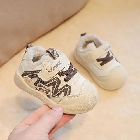 Toddler Winter Shoes Plush Lined Warm Baby First Walkers Non-slip Soft Sole Cartoon Panda Pattern Velcro Shoes For Boys Girls
