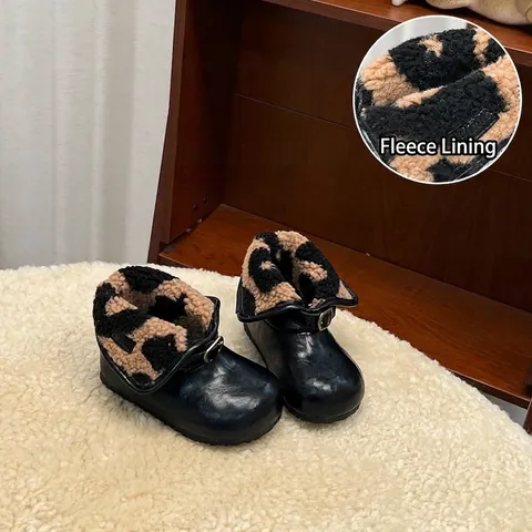 Bottes d'Hiver en Cuir Microfibre pour Filles Imprimé Léopard Doublées de Peluche Chaude pour Usage Décontracté