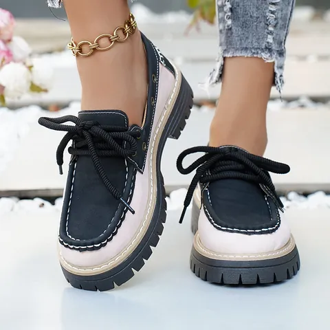 Women's Retro Platform Loafers Autumn Winter Color Block Lace Up Chunky Heel Shoes Round Toe PU Leather British Style Footwear