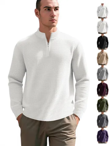 Men's Jacquard Waffle Texture Stand Collar Half-Zip Sweatshirt American Minimalist Casual Loose Long Sleeve Polyester Top