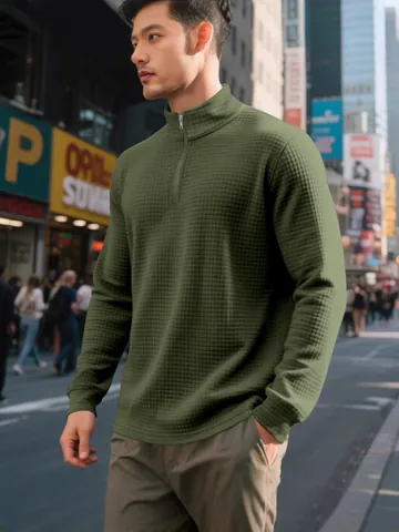 Men's Jacquard Waffle Texture Stand Collar Half-Zip Sweatshirt American Minimalist Casual Loose Long Sleeve Polyester Top