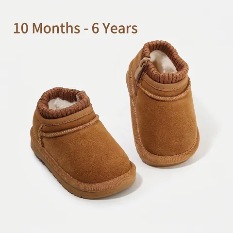 Kids Baby Winter Snow Boots Warm Plush Lining Suede Anti-Slip Soft Sole Infant Toddler Walking Shoes Side Zipper Solid Color