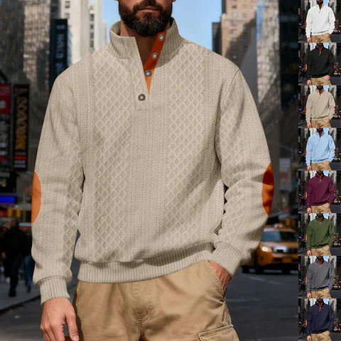 Men American Retro Heavyweight Texture Sweatshirt Stand Collar Contrast Color Elbow Patches Pullover Casual Loose Top