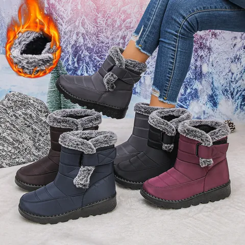 Dames Waterdichte Sneeuwlaarzen Warm Winter Kunstbont Voering Klittenband Antislip Outdoor Casual Grote Maat Halfhoog Laarzen