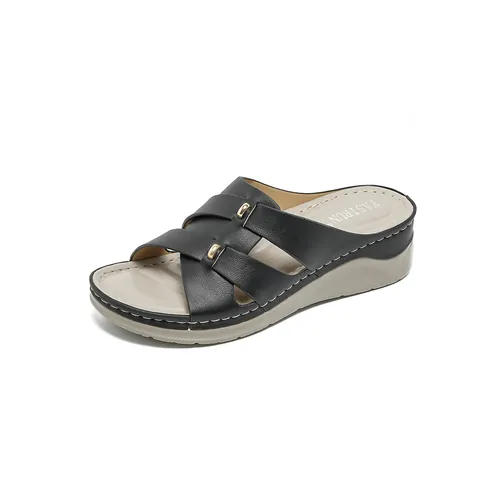 Women Wedge Sandals PU Leather Cross Straps Metal Buckle Stitching Detail Comfort Casual Platform Mules Slides Shoes