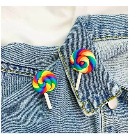 Handmade Polymer Clay Rainbow Lollipop Brooch Simulation Candy Spiral Pin Sweet Jewelry Accessory for Clothes Canvas Bag