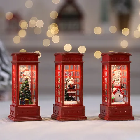 Christmas Retro Telephone Booth Lantern Ornament Santa Snowman LED Water Glitter Lamp Holiday Home Desktop Decorative Light