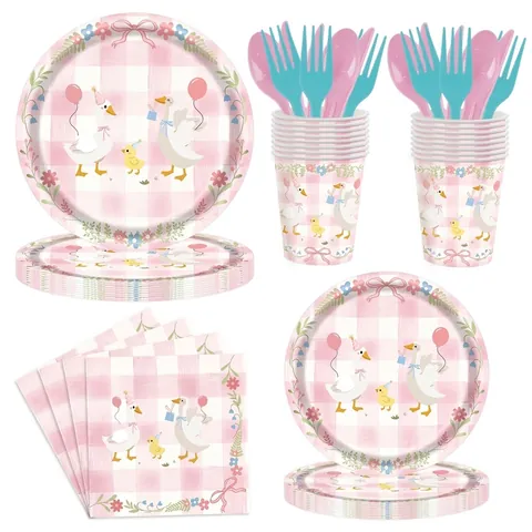 Cute Pink Gingham Goose Theme Disposable Party Tableware Set 20 Pieces Paper Plates Cups Napkins Cutlery For Kids Birthday Decoration