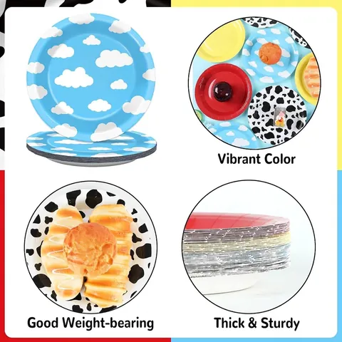 Disposable Party Tableware Set Cartoon Cow Blue Sky Pattern Paper Plates Solid Color Plastic Knives Forks Spoons For Birthday Celebration Decor