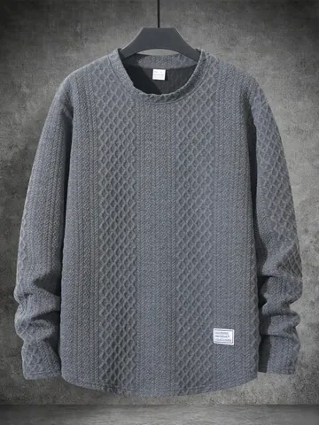 Men's Casual Round Neck Long Sleeve Sweatshirt Polyester Diamond Jacquard Texture Pullover For Autumn Winter Basic Top