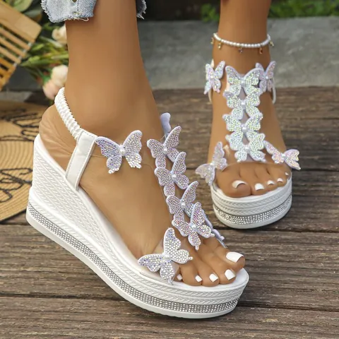 Women's Wedge Sandals Rhinestone Butterfly Platform Peep Toe Shoes Large Size Synthetic Leather Slip On Sandals Summer Fashion