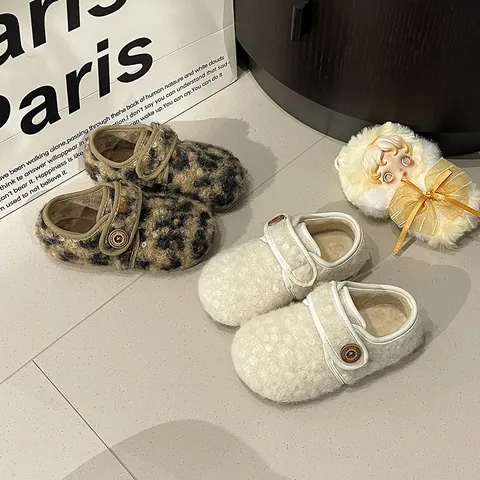 Kleinkinder Mädchen Winter Warm Fleece Gefüttert Mokassins Koreanischen Stil Leopardenmuster Cremeweiß Kunstpelz Flache Schuhe Klettverschluss