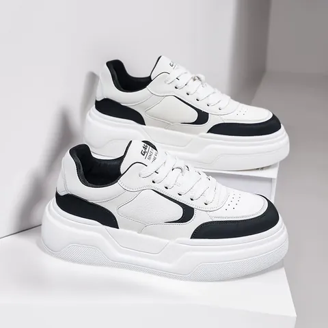 Zapatillas Casuales de Moda para Hombre Suela Gruesa Zapatos de Cuero Dividido Aumento de Altura Zapatos de Skate Negro Blanco Blanco Roto Todas las Estaciones
