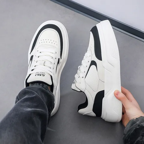 Zapatillas Casuales de Moda para Hombre Suela Gruesa Zapatos de Cuero Dividido Aumento de Altura Zapatos de Skate Negro Blanco Blanco Roto Todas las Estaciones