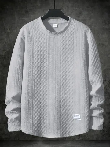 Men's Casual Round Neck Long Sleeve Sweatshirt Polyester Diamond Jacquard Texture Pullover For Autumn Winter Basic Top