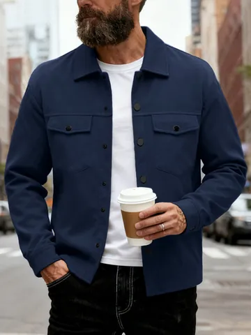 Veste Homme Décontractée à Revers Simple Boutonnage Couleur Unie Coupe Ajustée Mode Automne Hiver Manteau à Double Poche