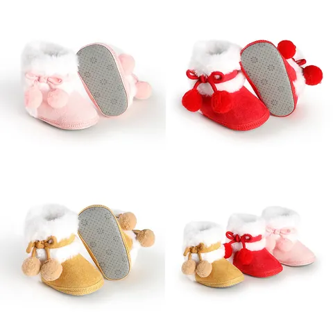 Baby Girls Winter Plush Boots Faux Fur Trim Bow Pom-pom Warm Soft Sole Non-slip Newborn Pre-walker Shoes Baby Boots