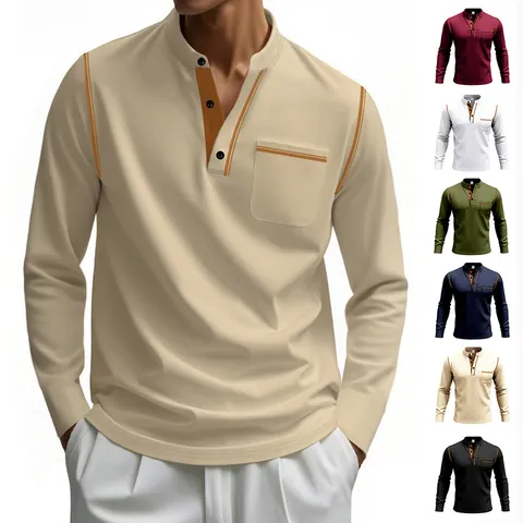 Men Long Sleeve Stand Collar Polo Shirt Solid Color Casual Henley Top With Contrast Stitching Business Slim Fit Apparel