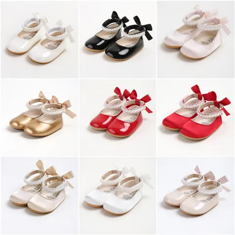 Baby Girl Princess Shoes Soft Sole Mary Jane Flats With Artificial Pearl Bow Decor Satin Patent Leather Infant Prewalker