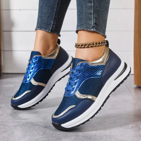 Sneakers Donna Platform Chunky Stringate Scarpe Casual di Moda Con Dettaglio Goffrato Pelle di Serpente Mesh Traspirante Pelle Sintetica Patchwork Scarpe Sportive Quotidiane
