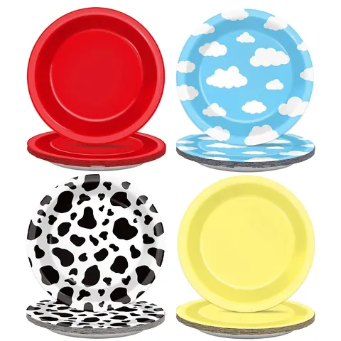 Disposable Party Tableware Set Cartoon Cow Blue Sky Pattern Paper Plates Solid Color Plastic Knives Forks Spoons For Birthday Celebration Decor
