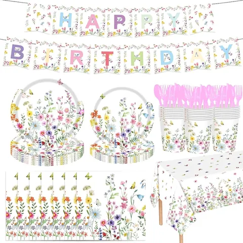 Wildflower Disposable Party Tableware Set Waterproof PE Tablecloth Paper Plates Napkins Cups For Birthday Outdoor Spring Party Decorations
