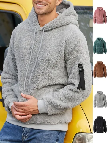 Heren Sherpa Fleece Hoodie Met Capuchon Winter Dikker Warm Casual Effen Kleur Hoodie Met Mouwzak