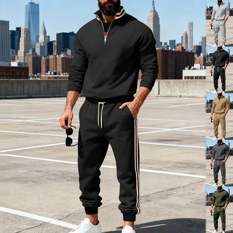 Herren Amerikanische Schwere Kontrast-Gurtband Stehkragen Hoodie Und Jogginghose Freizeit Sportanzug Set Für Den Winter