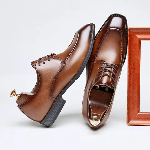 British Vintage Men Derby Shoes Square Toe Business Formal Wedding Dress Shoes Microfiber Leather Lace-Up Office Casual Shoes