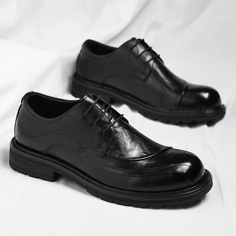Chaussures Derby en Cuir Décontractées pour Hommes Style Britannique Rétro Bout Rond Lacets Semelle Épaisse Respirantes