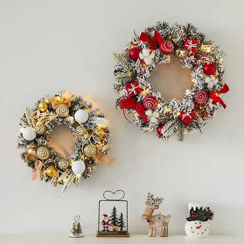 Artificial Christmas Wreath with LED Lights Flocked Snow Pine Wreath with Ornaments for Front Door Wall Christmas Decoration