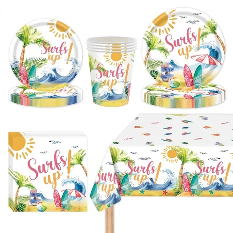 Summer Beach Ocean Wave Theme Disposable Party Tableware Set White Cardboard Plates Cups Napkins Tablecloth Cutlery Party Decor